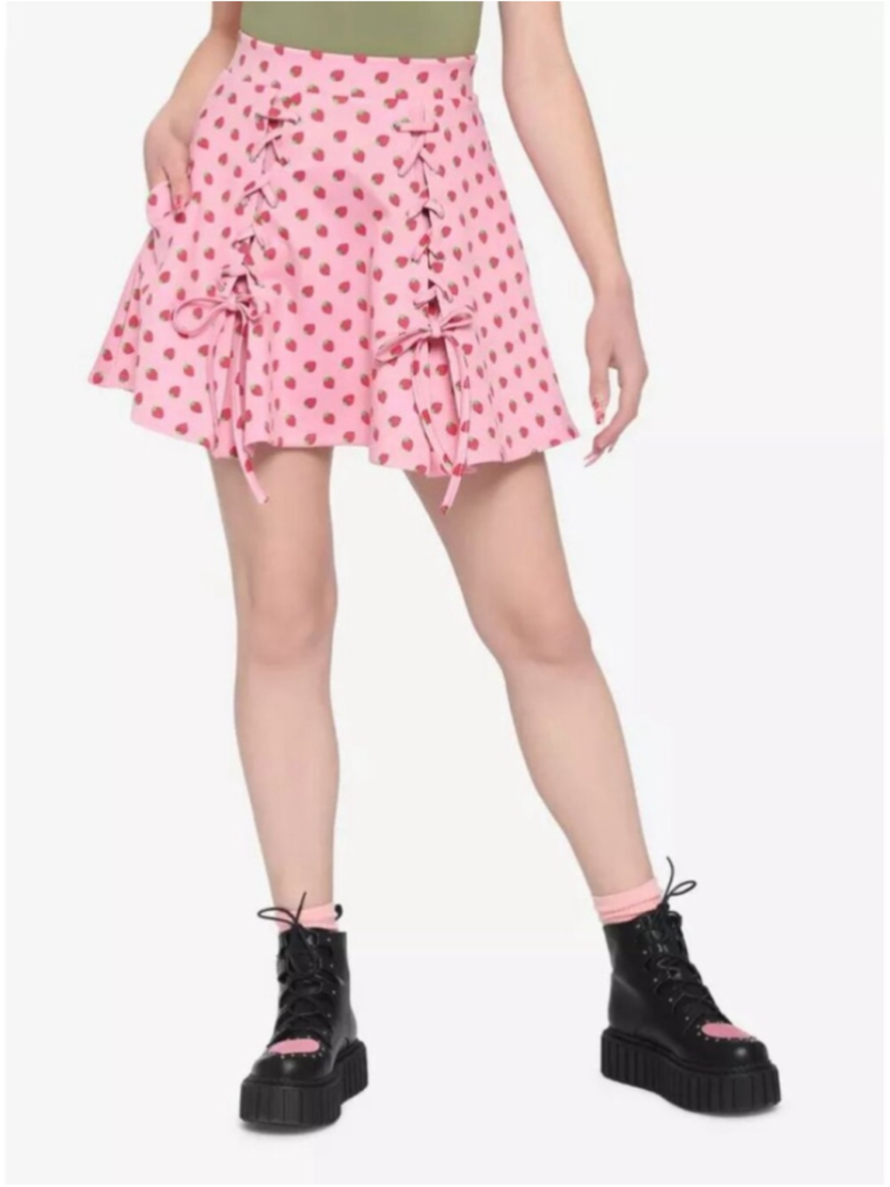HOT TOPIC Strawberry Lace-Up Skater Mini Skirt Pink Red Stretch A-Line Flowy